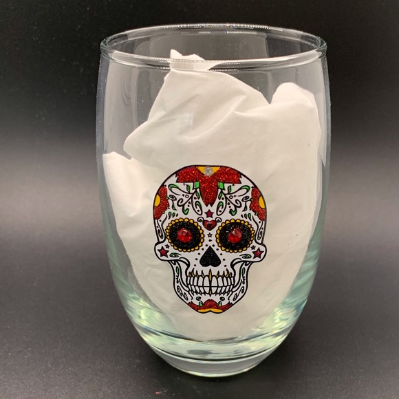 BLING SWAROVSKI CRYSTAL RED & WHITE SUGAR SKULL CANDY SKULL WINE GLASS NIB - Picture 3 of 14